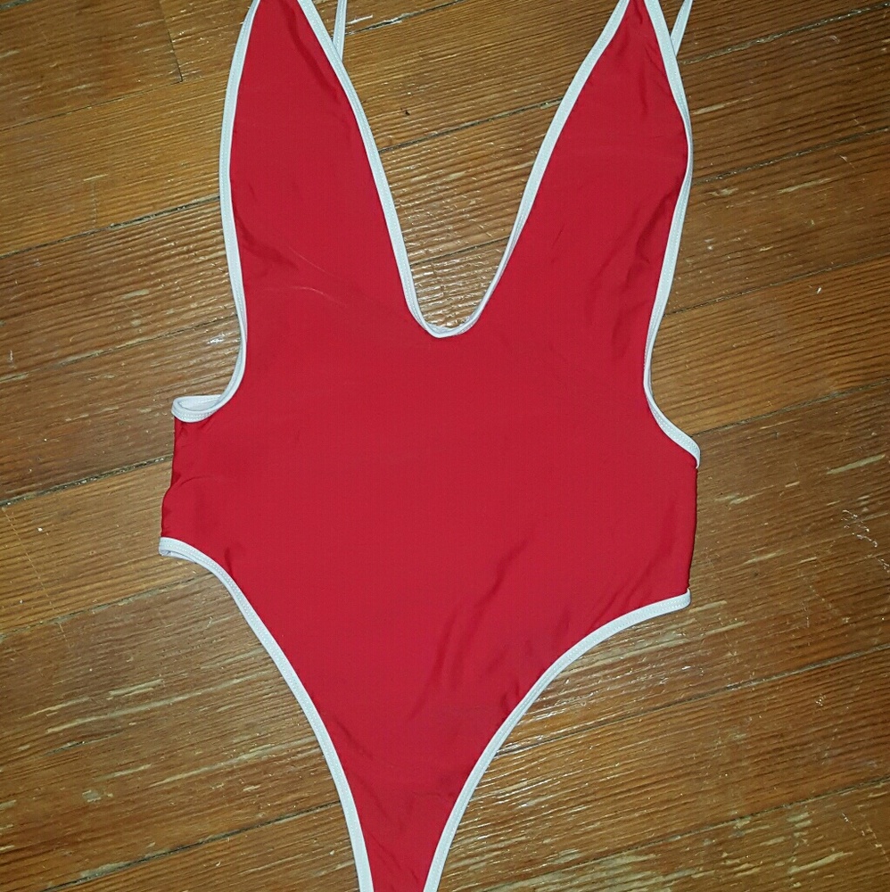 Red and white one piece suit